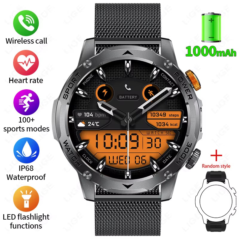Military Smart Watch Men 1000Mah Battery Outdoors LED Flashlight Waterproof Heart Rate Sport BT Call 1.7" AMOLED Smartwatch