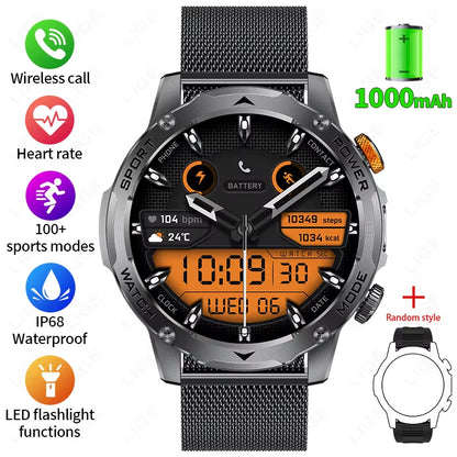 Military Smart Watch Men 1000Mah Battery Outdoors LED Flashlight Waterproof Heart Rate Sport BT Call 1.7" AMOLED Smartwatch