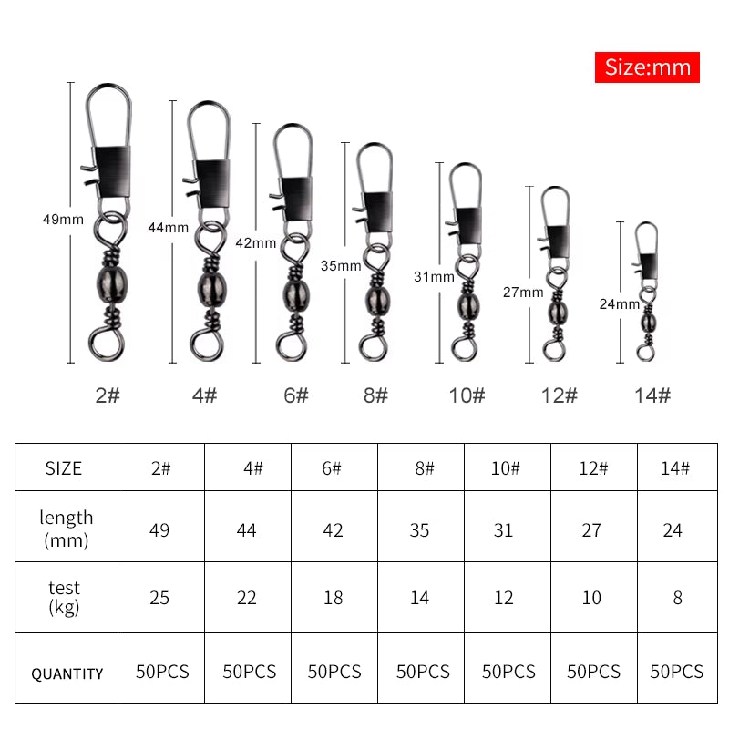 50Pcs/Lot Fishing Connector Pin Bearing Rolling Swivel Stainless Steel with Snap Fishhook Lure Tackle Accessorie
