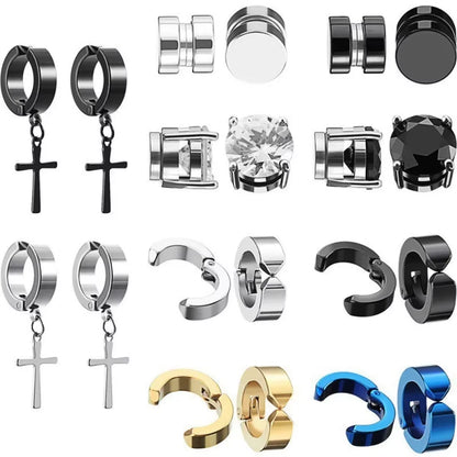 2Pcs Punk Mens Strong Magnet Magnetic Ear Stud Set,Non Piercing Cross Clip-On Earrings Suitable Gifting Boyfriend Lover Jewelry
