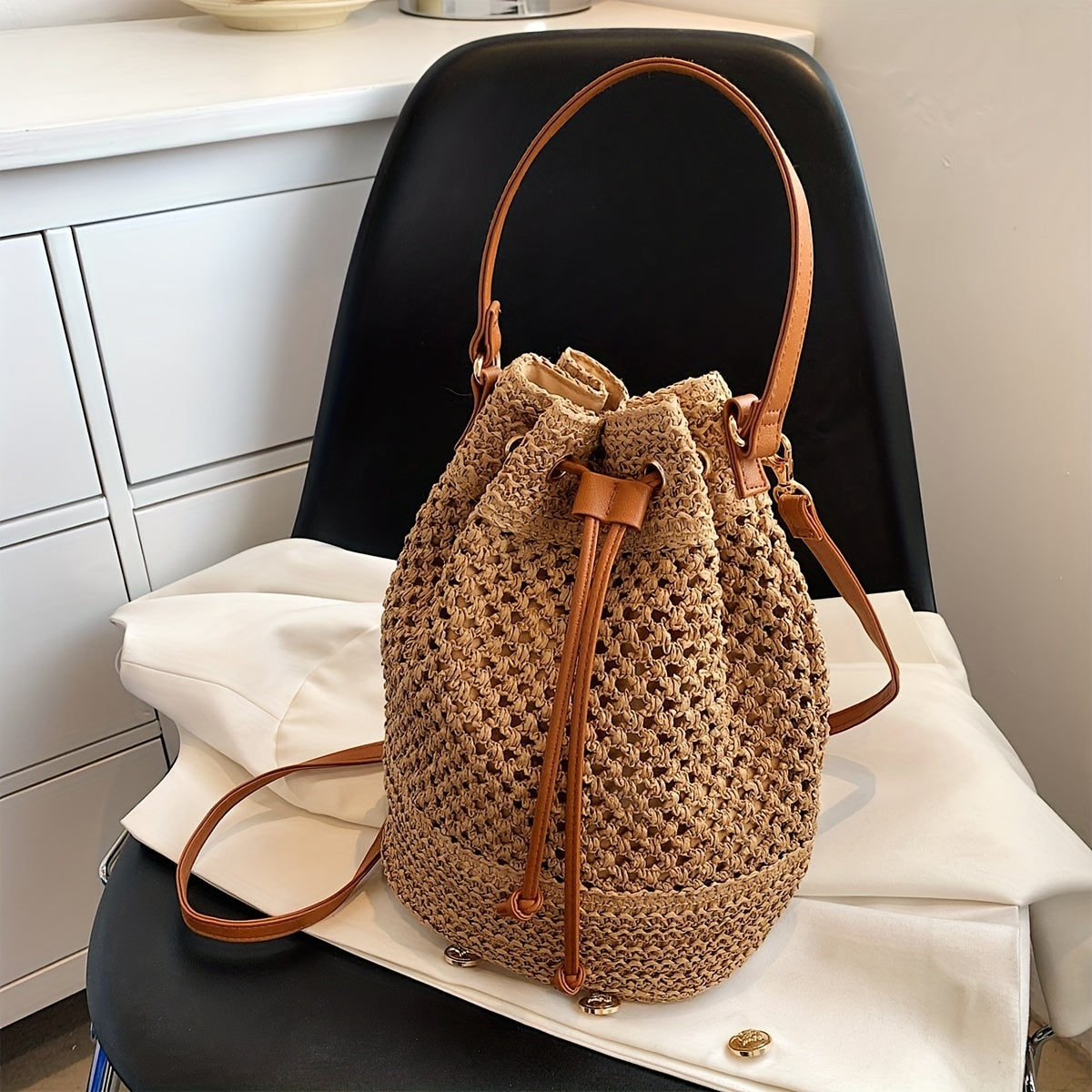 Simple Drawstring Straw Bucket Bag, All-Match Crossbody Bag, Lightweight Braided Shoulder Bag Beauty Fashion