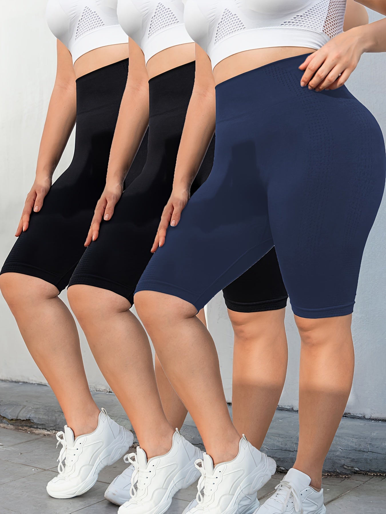 3-Pack Plus Size Yoga Shorts For Women, High Waist Peach Lift, Stretchy, Butt-lifting, High Elasticity, Fitness Activewear, Quick-Dry, Seamless Sport Shorts Set