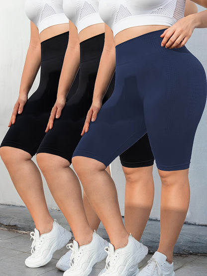 3-Pack Plus Size Yoga Shorts For Women, High Waist Peach Lift, Stretchy, Butt-lifting, High Elasticity, Fitness Activewear, Quick-Dry, Seamless Sport Shorts Set