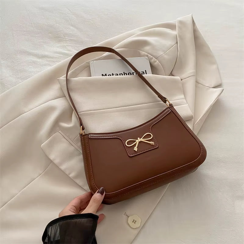 Stylish Shoulder Bag with Metal Bow Decoration, Versatile Underarm Bag, Classic Brown and Black Baguette Bag for Women Daily Use