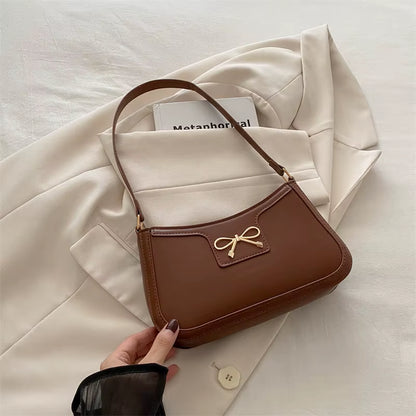 Stylish Shoulder Bag with Metal Bow Decoration, Versatile Underarm Bag, Classic Brown and Black Baguette Bag for Women Daily Use