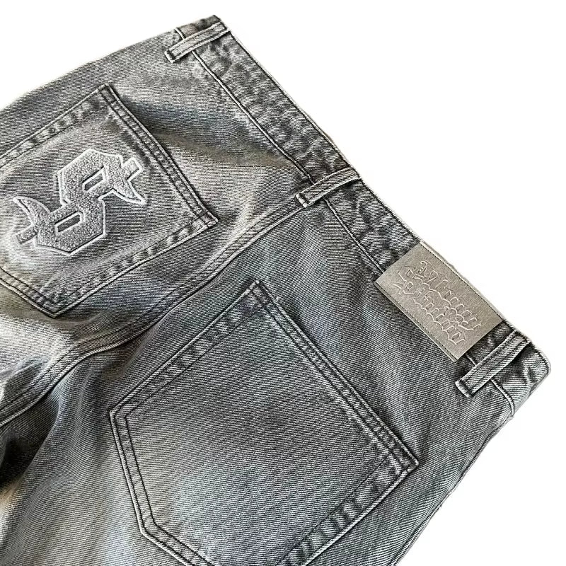 Y2K Retro Flare Jeans Washed Distressed Dollar Embroidery Denim Pants Men Trend Old Money Clean Streetwear Wide Leg Baggy Jeans