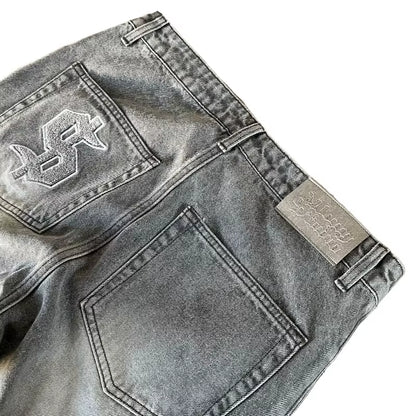 Y2K Retro Flare Jeans Washed Distressed Dollar Embroidery Denim Pants Men Trend Old Money Clean Streetwear Wide Leg Baggy Jeans