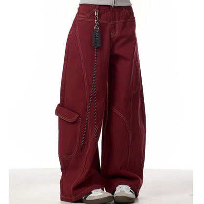 Cargo Red Casual Jeans Womens Workwear Pants Loose Straight Wide Leg Trousers Spring Korean Style Lazy Comfortable Chic