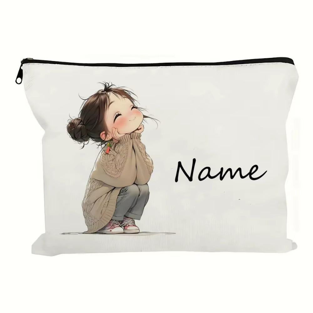 Custom Name Vintage Cute Girl Pattern Makeup Bag Handbag Toiletry Bag Pencil Case Holiday Gift Cosmetic Bag