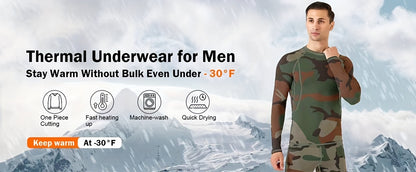 Camouflage Print Thermal Underwear For Men, Long Johns Set With Fleece, Winter Hunting Outdoor Running Cycling Ski Equipment Sports Yoga Fitness Base Layer Sport Top & Bottom