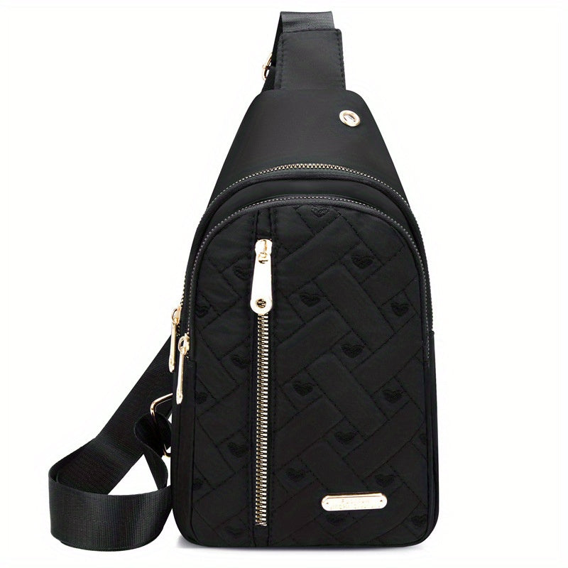 Stylish Embroidered Love Nylon Chest Bag - Water-Resistant, Adjustable Shoulder Strap, Multiple Pockets, Perfect for Outdoor Travel, Hiking, Camping, and Daily Use - Simple, Fashionable, and Practical Messenger Bag Beauty Fashion