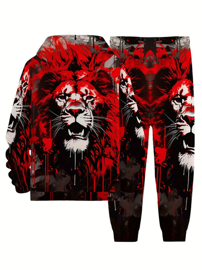 Plus Size Men's Fashion 3D Lion Print 2pcs Sportswear Set Fashion Long Sleeve Hoodie and Sport Trousers Suitable for Spring and Autumn Outdoor, PLUS SIZE Beauty World Shop