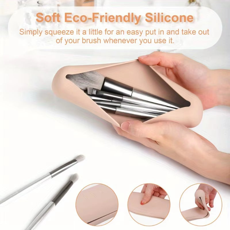 Travel Makeup Brush Holder,Silicon Trendy and Portable Cosmetic Face Brushes Holder,Soft and Sleek Makeup Tools Organizer