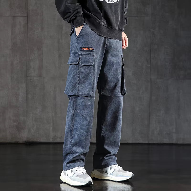 New Men'S Loose Cargo Jeans Outdoor Paratrooper Straight Pants Fashionable Stretch Loose Wide Leg Pants Large Size 4XL 5XL