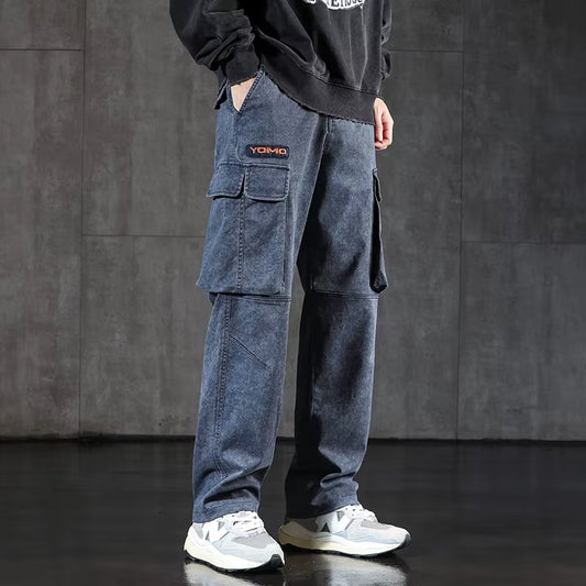 New Men'S Loose Cargo Jeans Outdoor Paratrooper Straight Pants Fashionable Stretch Loose Wide Leg Pants Large Size 4XL 5XL