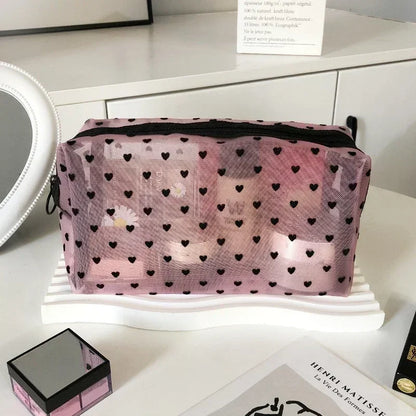 Nylon Mesh Cosmetic Bag Zipper Heart Shaped Toiletry Organizer Makeup Bags Multifunctional Women Lipstick Key Coin Purse Pouch