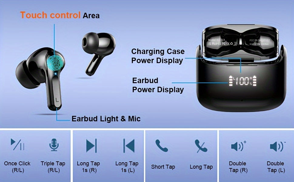 [40H Wireless Earbud] 40H Wireless Earbud, 5.3 Stereo Bass Earphones | Dual Mic Call, USB-C LED Display, Sport Headset