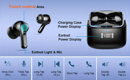 [40H Wireless Earbud] 40H Wireless Earbud, 5.3 Stereo Bass Earphones | Dual Mic Call, USB-C LED Display, Sport Headset
