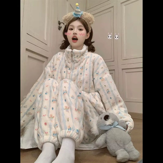 Coralline Fce Spwear Women'S Sle Winter New Flower Pattern Thiened Flannel Zipper Autumn Winter Home Clothes