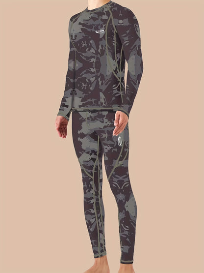 Camouflage Print Thermal Underwear For Men, Long Johns Set With Fleece, Winter Hunting Outdoor Running Cycling Ski Equipment Sports Yoga Fitness Base Layer Sport Top & Bottom