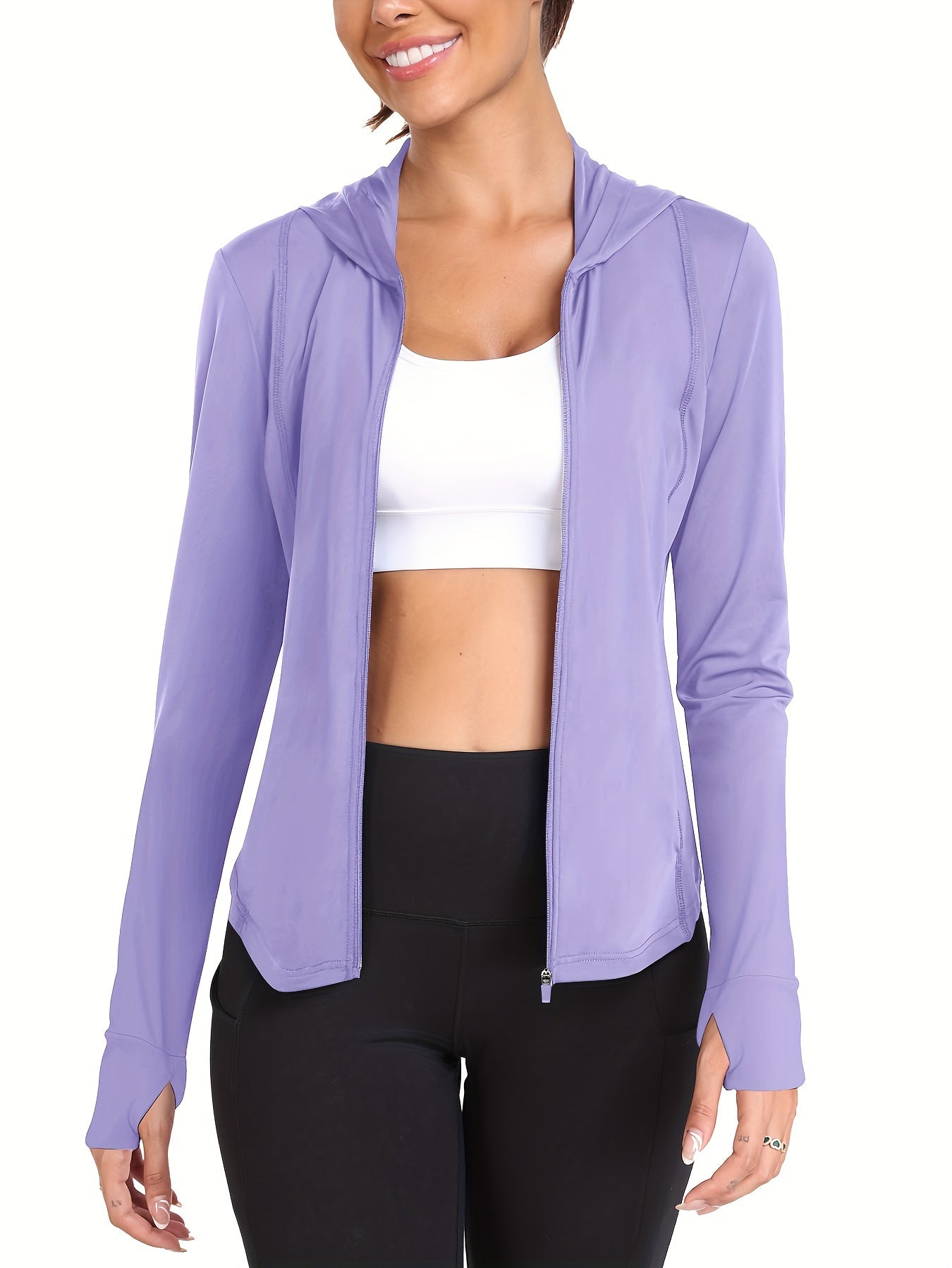 Women's Full-Zip Long Sleeve Sport Shirt with Thumbhole Design - Moisture-Wicking Protection Yoga Running Top, Light Blue All-Season Machine Washable Activewear, Running Shirt | Sporty Look | Stretchable Fabric Beauty World Shop