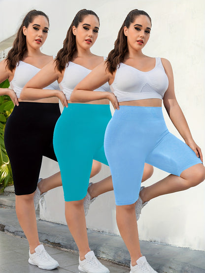 3-Pack Plus Size Yoga Shorts For Women, High Waist Peach Lift, Stretchy, Butt-lifting, High Elasticity, Fitness Activewear, Quick-Dry, Seamless Sport Shorts Set