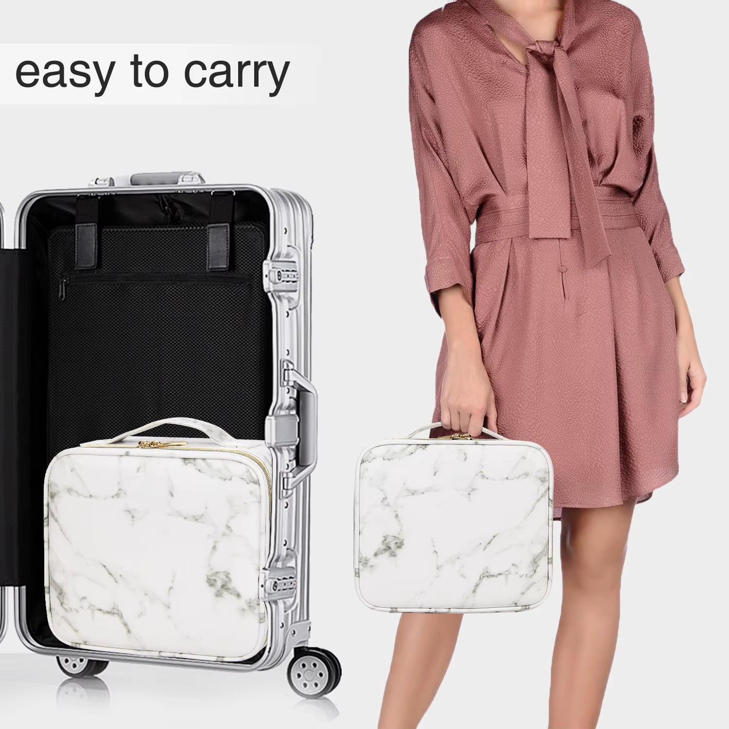 PU Makeup Bag Marble Pattern Portable Large Capacity Makeup Storage Bag Multi Functional Travel Makeup Toolbox