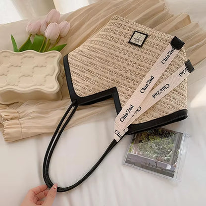 Straw Beach Bag Vintage Handmade Woven Shoulder Bag Raffia Circle Rattan Bags Bohemian Summer Vacation Casual Bags