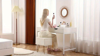 Vanity Storage Ottoman Chair, Makeup Vanity Chair With Metal Legs & Soft Faux Fur Surface, Flip Top Foot Rest With Soft Padded Seat For Bedroom Living Room Beauty World Shop