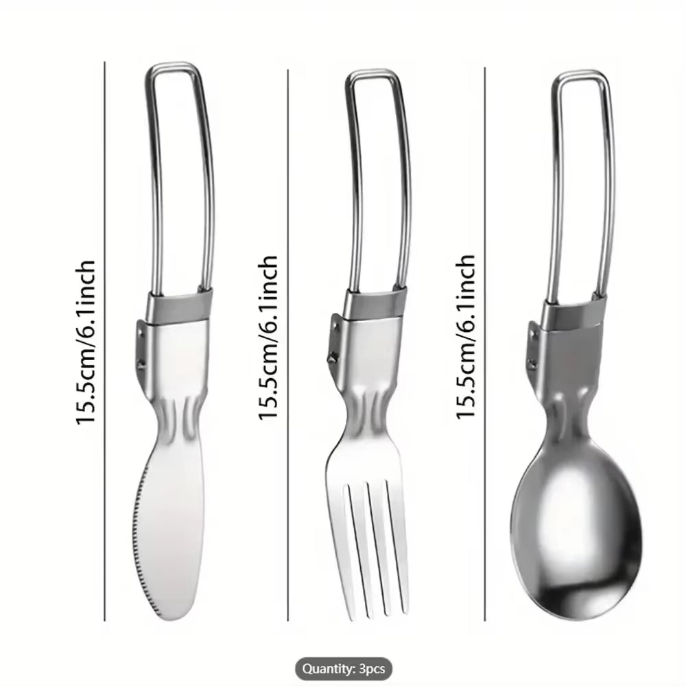 3Pcs/1Set Portable Outdoor Camping Travel Picnic Foldable Stainless Steel Cutlery Set Spoon Fork Knife Tableware Outdoor Travel