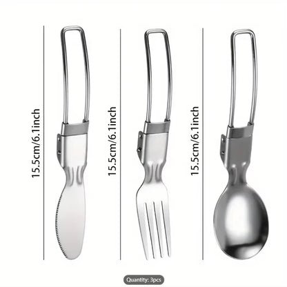 3Pcs/1Set Portable Outdoor Camping Travel Picnic Foldable Stainless Steel Cutlery Set Spoon Fork Knife Tableware Outdoor Travel