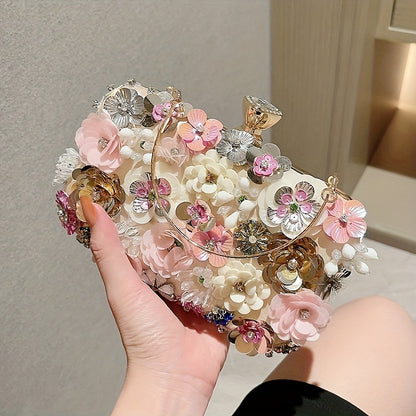 3D Beaded Elegant Evening Bag, Flower Box Clutch Purse for Women's Wedding Party Prom Beauty Fashion