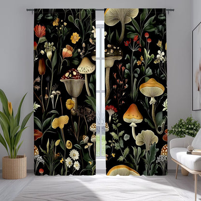 2Pcs Classic Polyester Mushroom and Moth Curtains, Retro Forest Pattern Drapes for Bedroom, 52X84 Inches, Nature-Inspired Home D