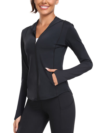 Women's Full-Zip Long Sleeve Sport Shirt with Thumbhole Design - Moisture-Wicking Protection Yoga Running Top, Light Blue All-Season Machine Washable Activewear, Running Shirt | Sporty Look | Stretchable Fabric Beauty World Shop