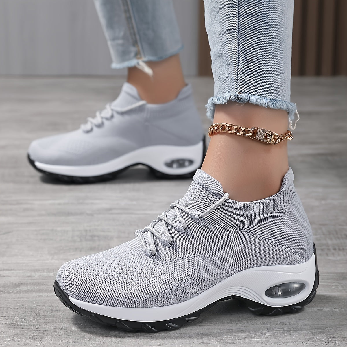 Women's Breathable Knit Chunky Sneakers, Casual Lace Up Outdoor Shoes, Comfortable Low Top Sport Shoes plus size