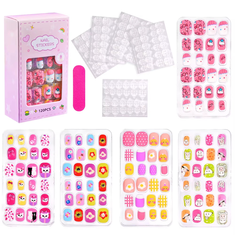 120Pcs/Box Cartoon Gril Princess Children Press on Nails 6-14Years Kawaii Cat/Flowers/Rainbow Nail Tips with Jelly Gel Girl Gift