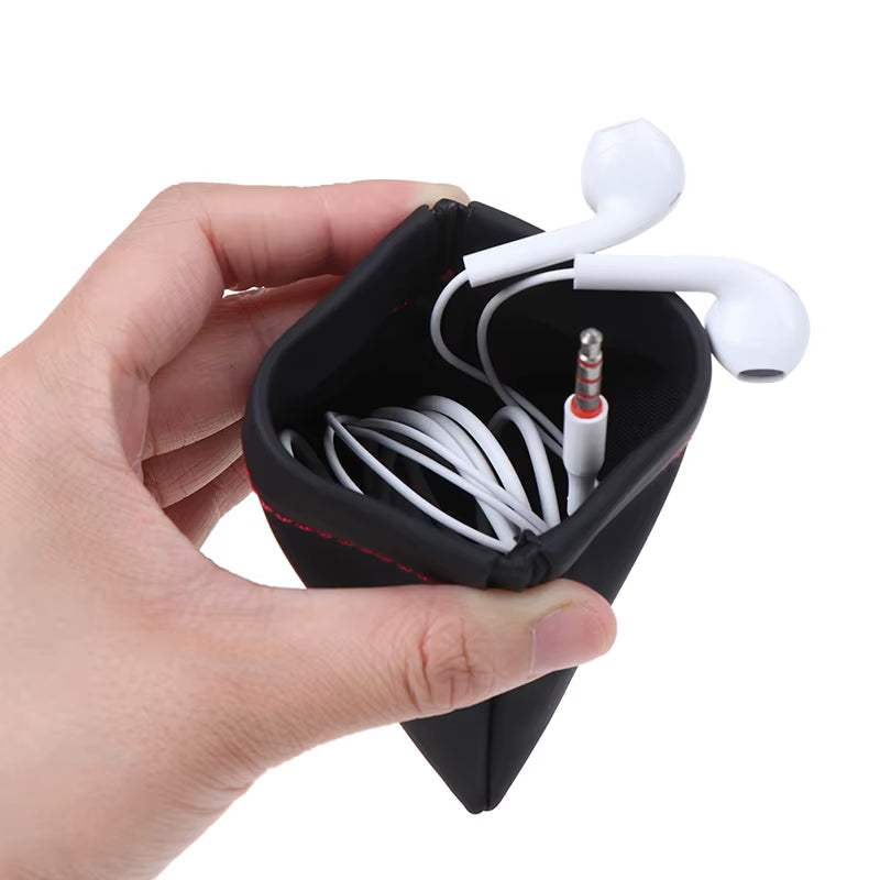 New Black Mini Hard Headphone Case Portable Earbuds Pouch Box PU Leather Earphone Storage Bag Protective USB Cable Organizer