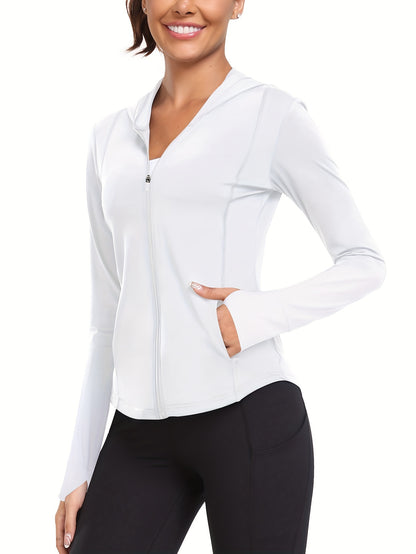 Women's Full-Zip Long Sleeve Sport Shirt with Thumbhole Design - Moisture-Wicking Protection Yoga Running Top, Light Blue All-Season Machine Washable Activewear, Running Shirt | Sporty Look | Stretchable Fabric Beauty World Shop