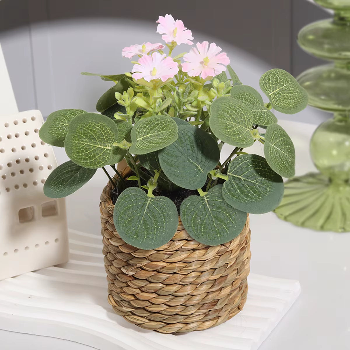 Green Artificial Plants Eucalyptus Flowers Woven Small Potted Plants Grass Mound 11Cm PE Material Home Decoration