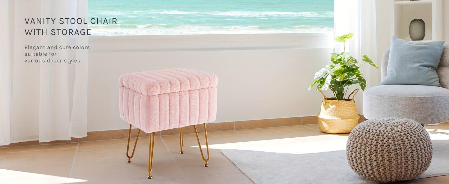 Vanity Storage Ottoman Chair, Makeup Vanity Chair With Metal Legs & Soft Faux Fur Surface, Flip Top Foot Rest With Soft Padded Seat For Bedroom Living Room Beauty World Shop