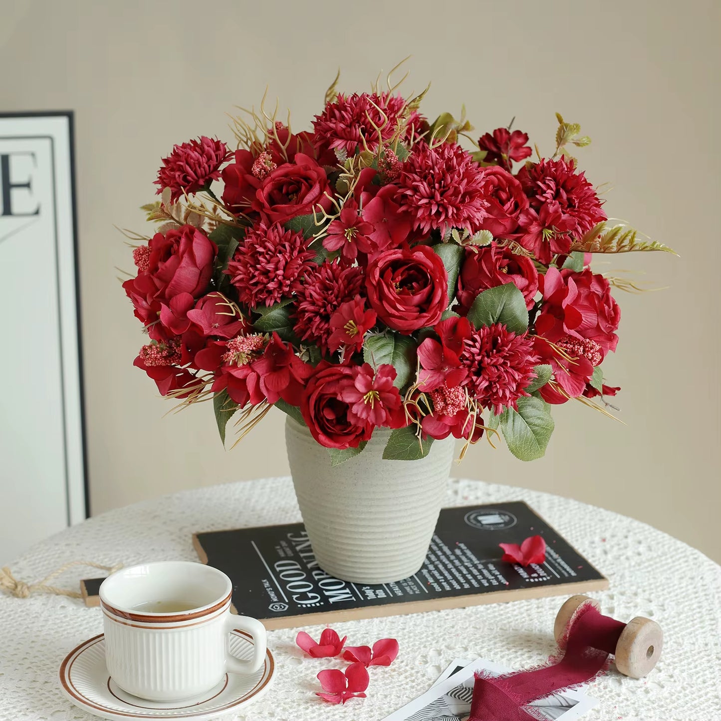 1PC Artificial Rosesflowers New Year'S Home Decoration Wedding Bridal Bouquet Garden Fake Silk Peony Hydrangeas Vase for Board