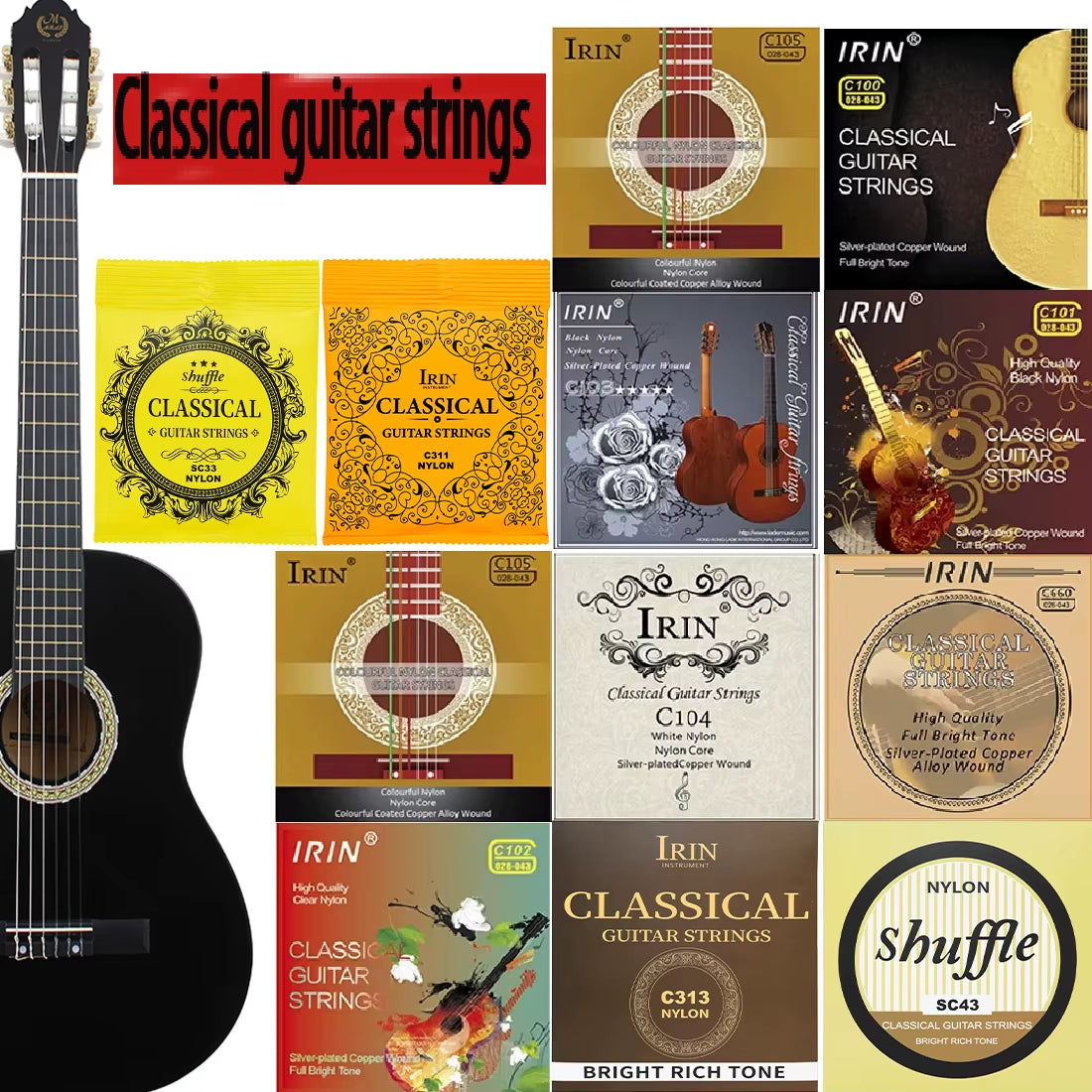 6 Pcs Nylon Classical Guitar Strings Set - Black Clear Silver Plated Copper Wound - Guitarra Strings - Guitar Accessories