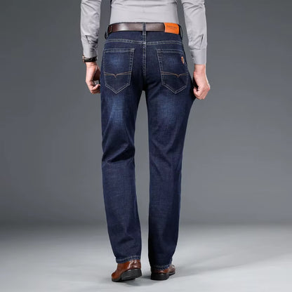 2024 Autumn Spring Fitted Straight Stretch Denim Jeans Classic Style Badge Youth Men'S Business Casual Jeans Trousers