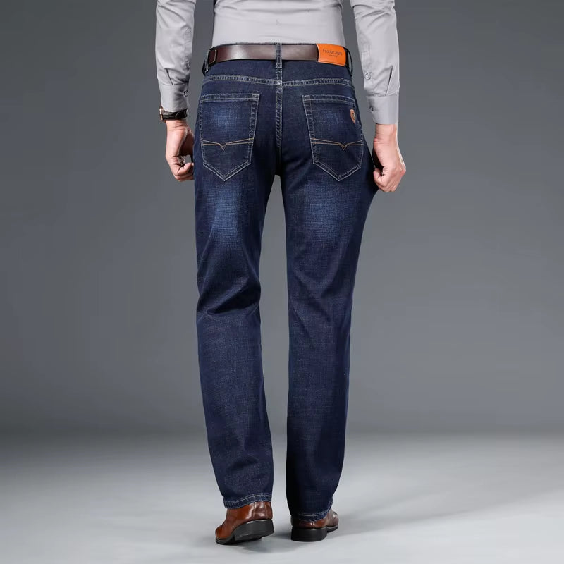 2024 Autumn Spring Fitted Straight Stretch Denim Jeans Classic Style Badge Youth Men'S Business Casual Jeans Trousers