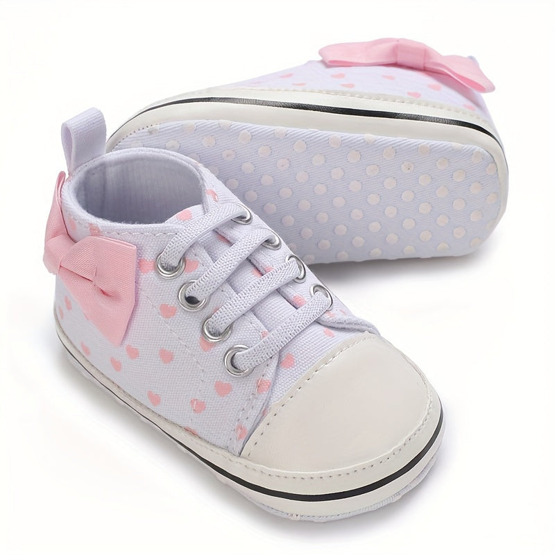 Baby Girls Heart Printed Lightweight Skate Shoes With Bowknot, Comfortable Non-slip Sport Walking Toddler Shoes, Fall Beauty World Shop