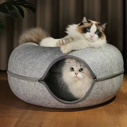 Wool Felt Cat Tunnel Nest – Modern Style Uncharged Donut Bed, Detachable & Washable All-Season Cat House, 1Pc Cozy Cat Condo