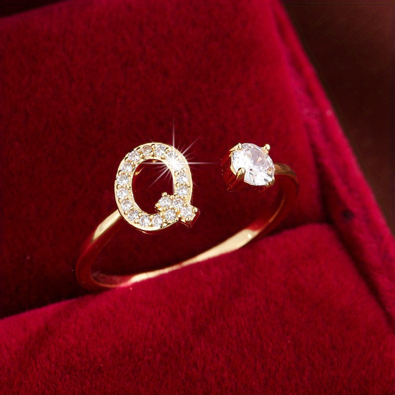 Fashionable 26 English Letters Four-Prong Synthetic Synthetic Zirconia Open Adjustment Ring Beauty Fashion
