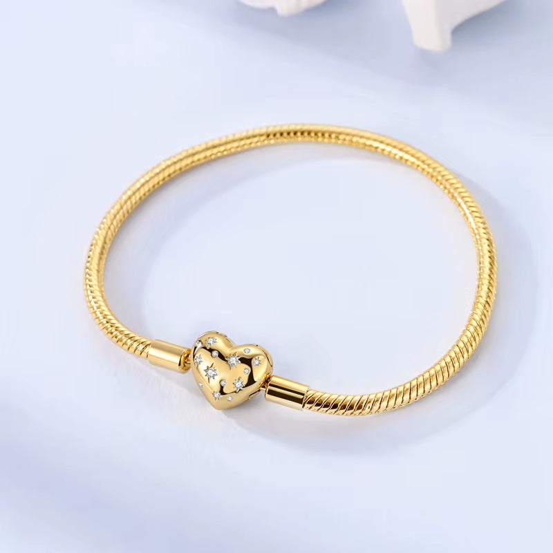 925 Sterling Silver Bracelets 17-20CM Original Golden Sparkling Heart Shaped Bracelet Fit DIY Charms Beads Fashion Women Jewelry