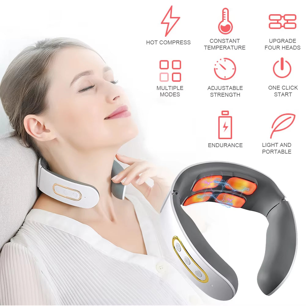 Lectric Neck Shoulder Pulse Massager Kneading 4 Head TENS Magnetic Pulse Heating Cervical Vertebra Relax Pain Relief Massage