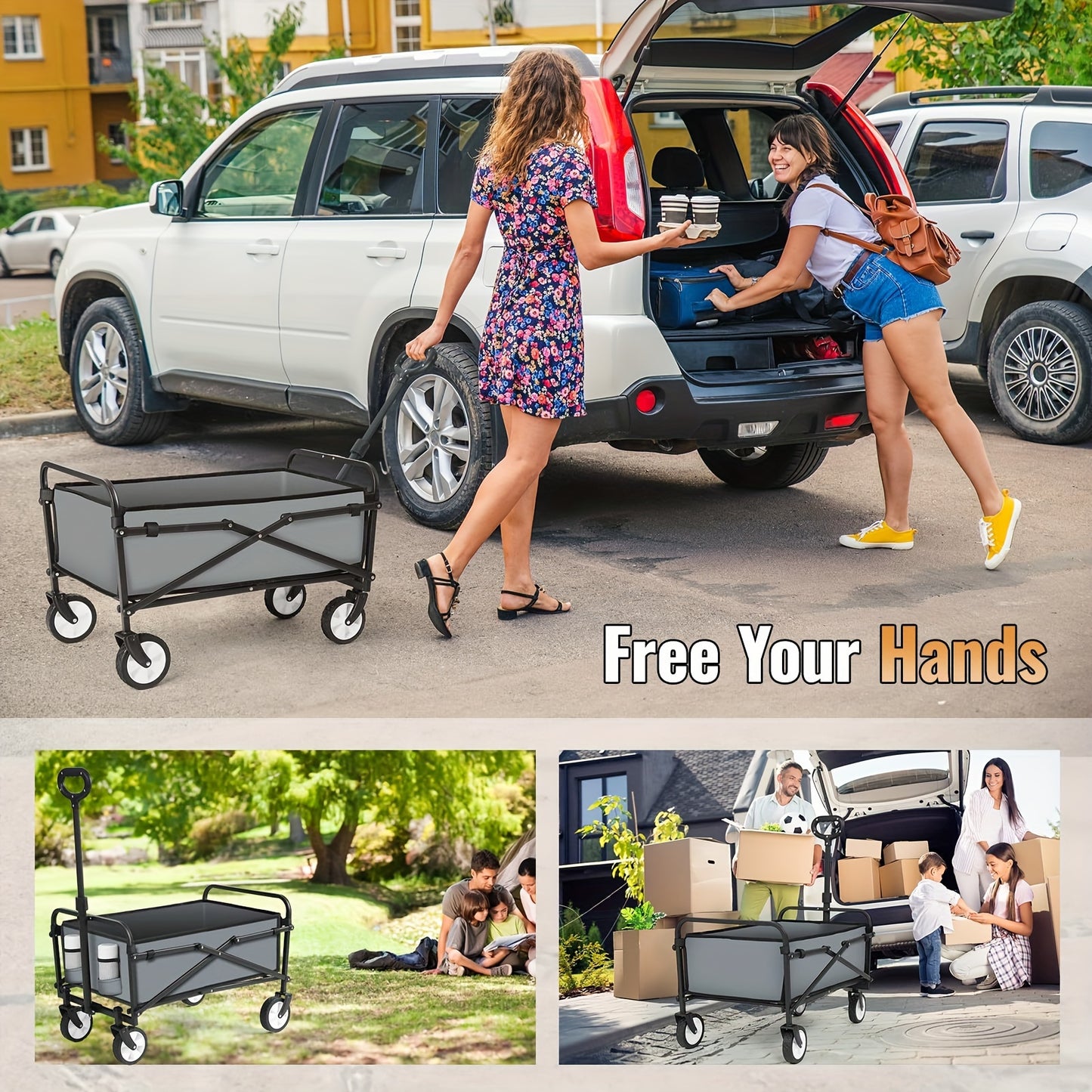 200LBS/230LBS Weight Wagon Cart Foldable, Collapsible Folding Wagon With All-Terrain Wheels & Adjustable Handle, Portable Heavy Duty 200LBS Weight Capacity For Grocery Shopping, Sport, Camping, Garden, Outdoor Use Beauty World Shop